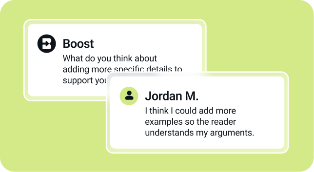 Two text boxes with feedback: one from Boost about adding details, one from Jordan M. about adding examples.