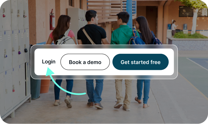 Students in a school hallway with the Brisk sign-in buttons overlaid