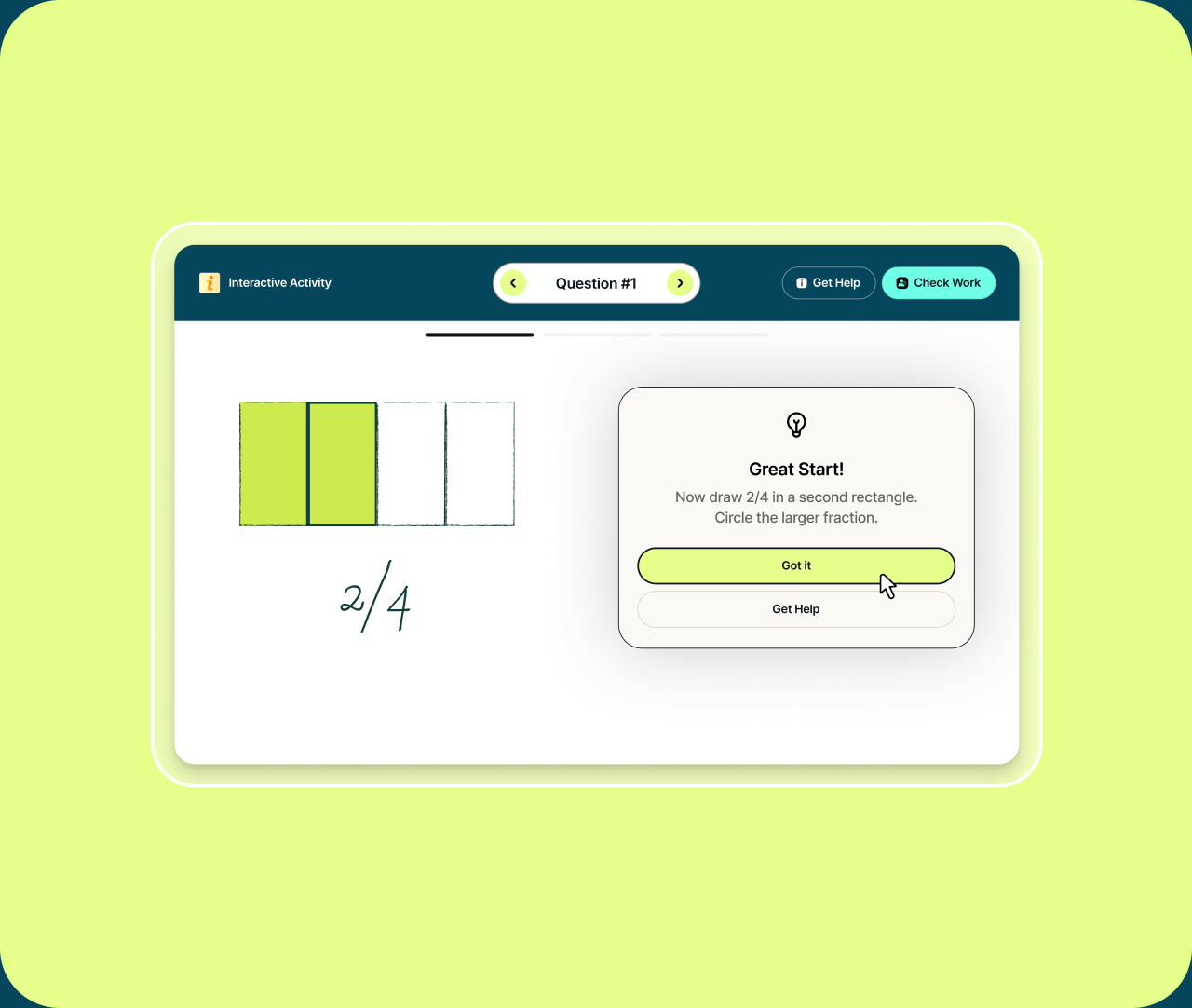 Brisk Boost student activity showing a fractions exercise