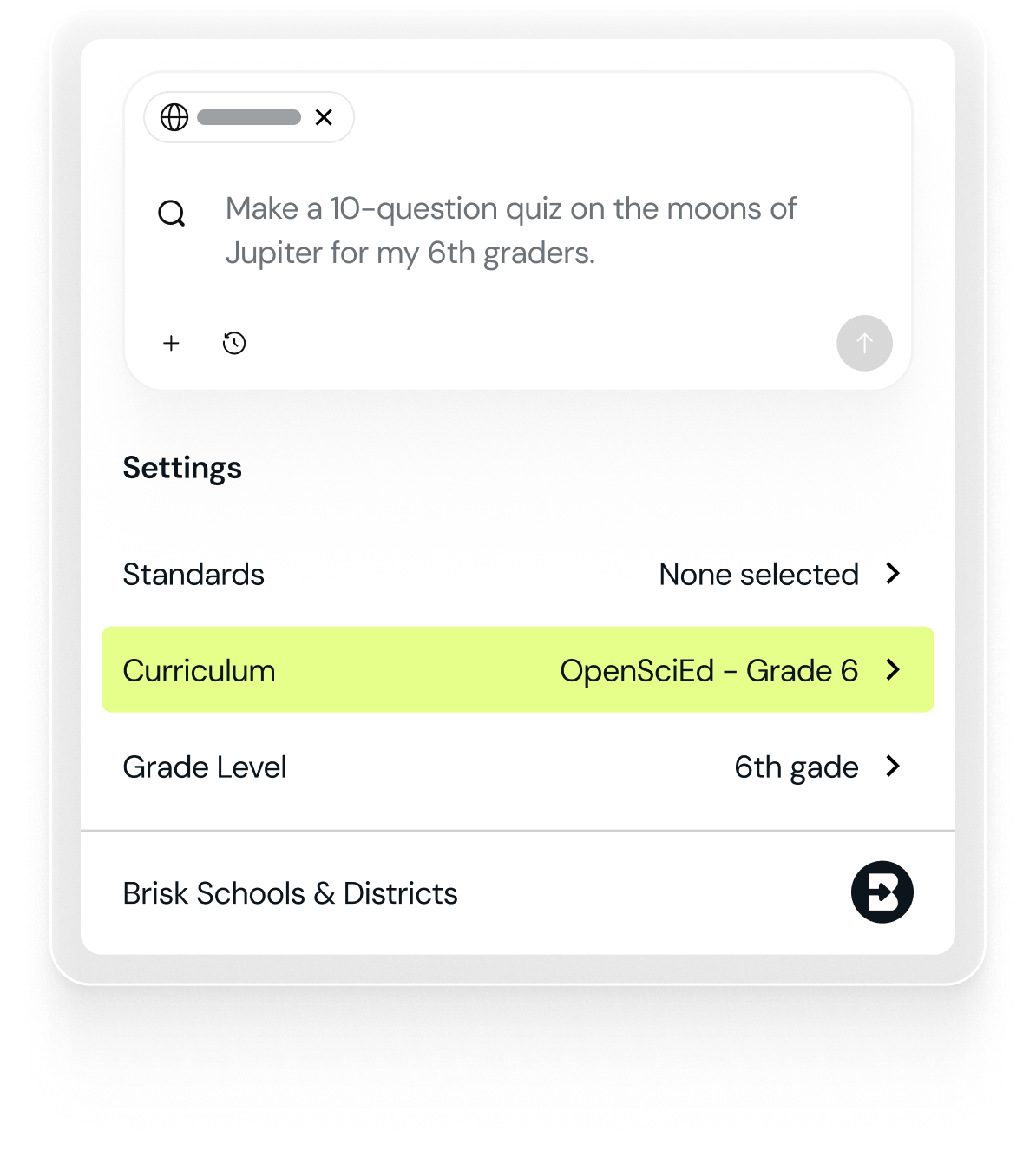 Brisk settings showing OpenSciEd Grade 6 selected as the curriculum