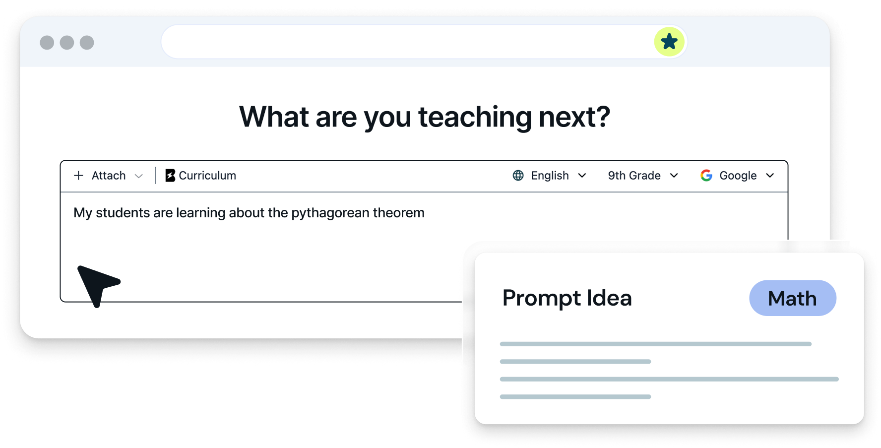 Brisk prompt box asking what you are teaching next, with a Math prompt idea card