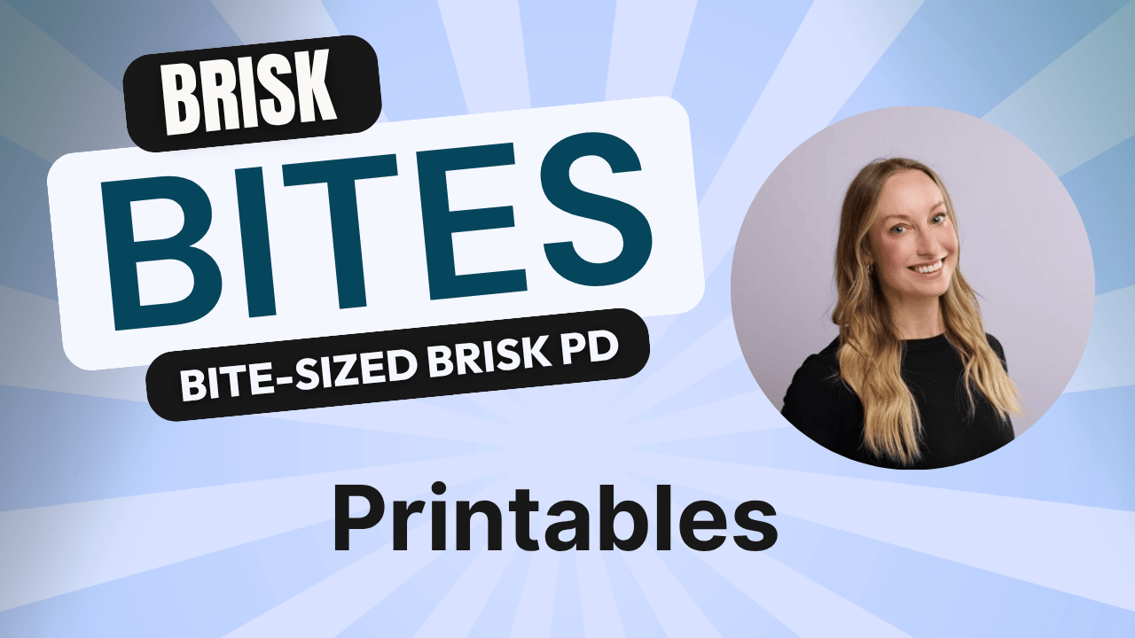 Text reading 'BRISK BITES BITE-SIZED BRISK PD' with a photo of a smiling woman with long blonde hair.