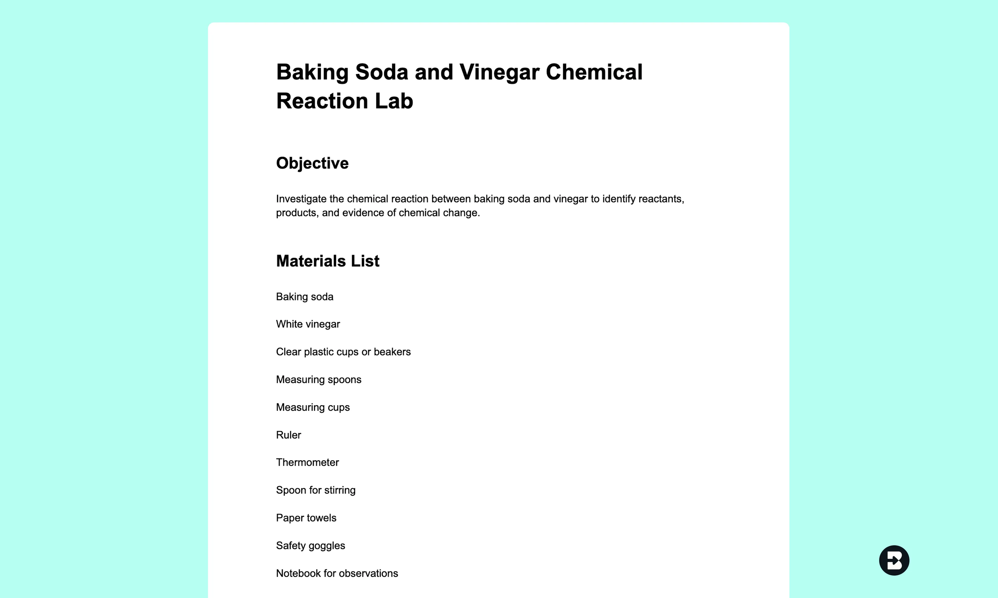 7th Grade Chemical Reactions Lab