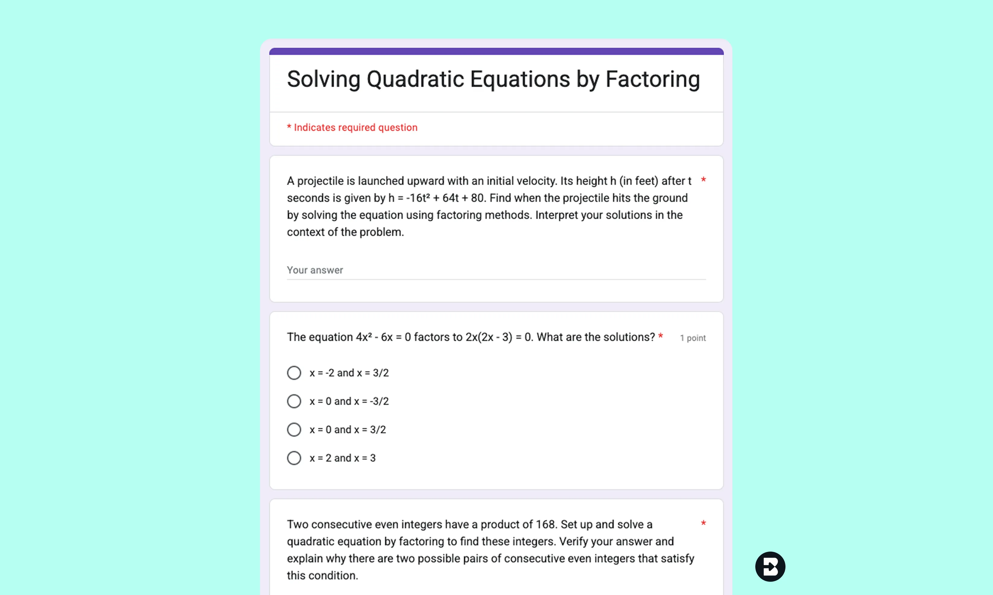11th Grade Algebra II Practice Set