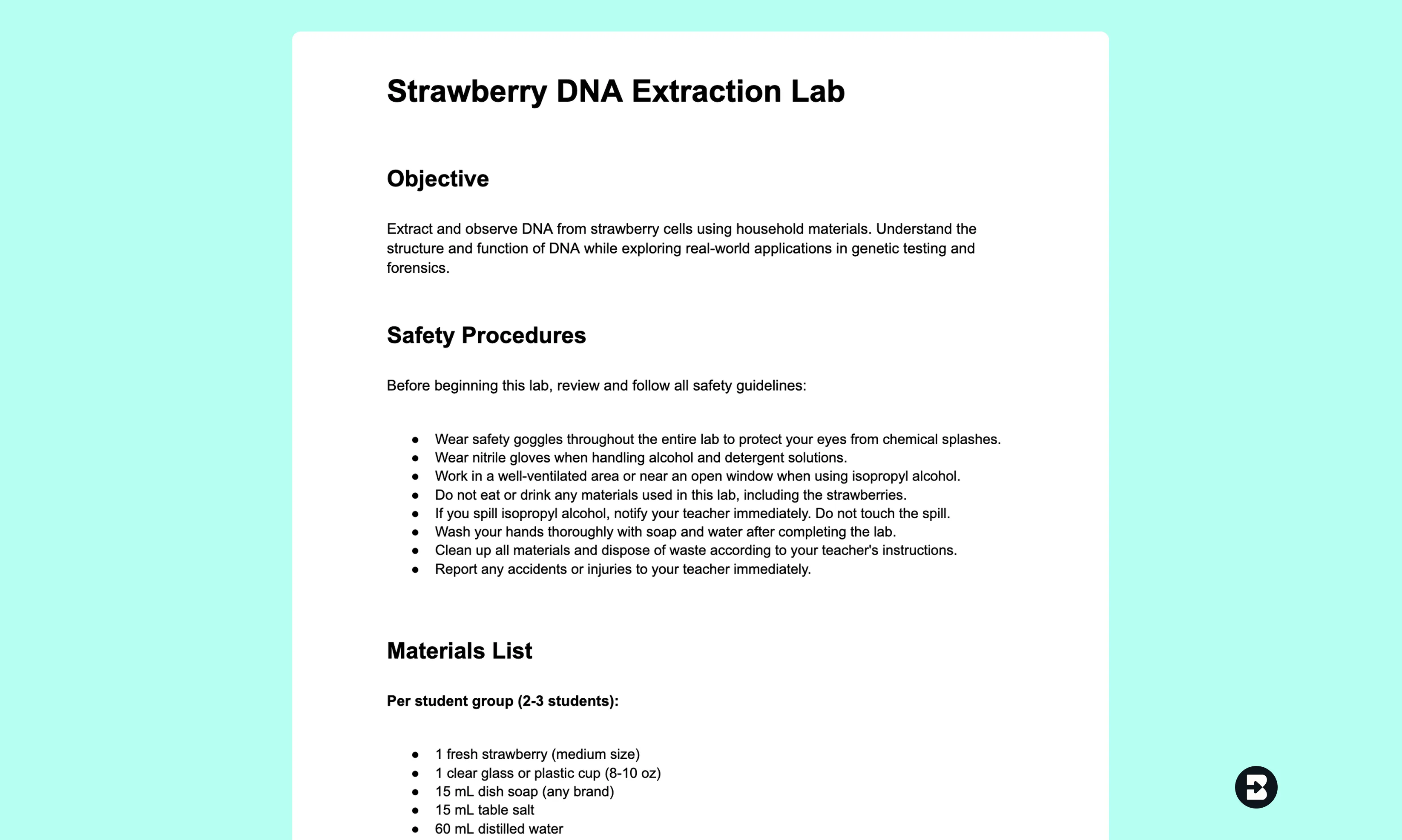 10th Grade Biology DNA Extraction Activity