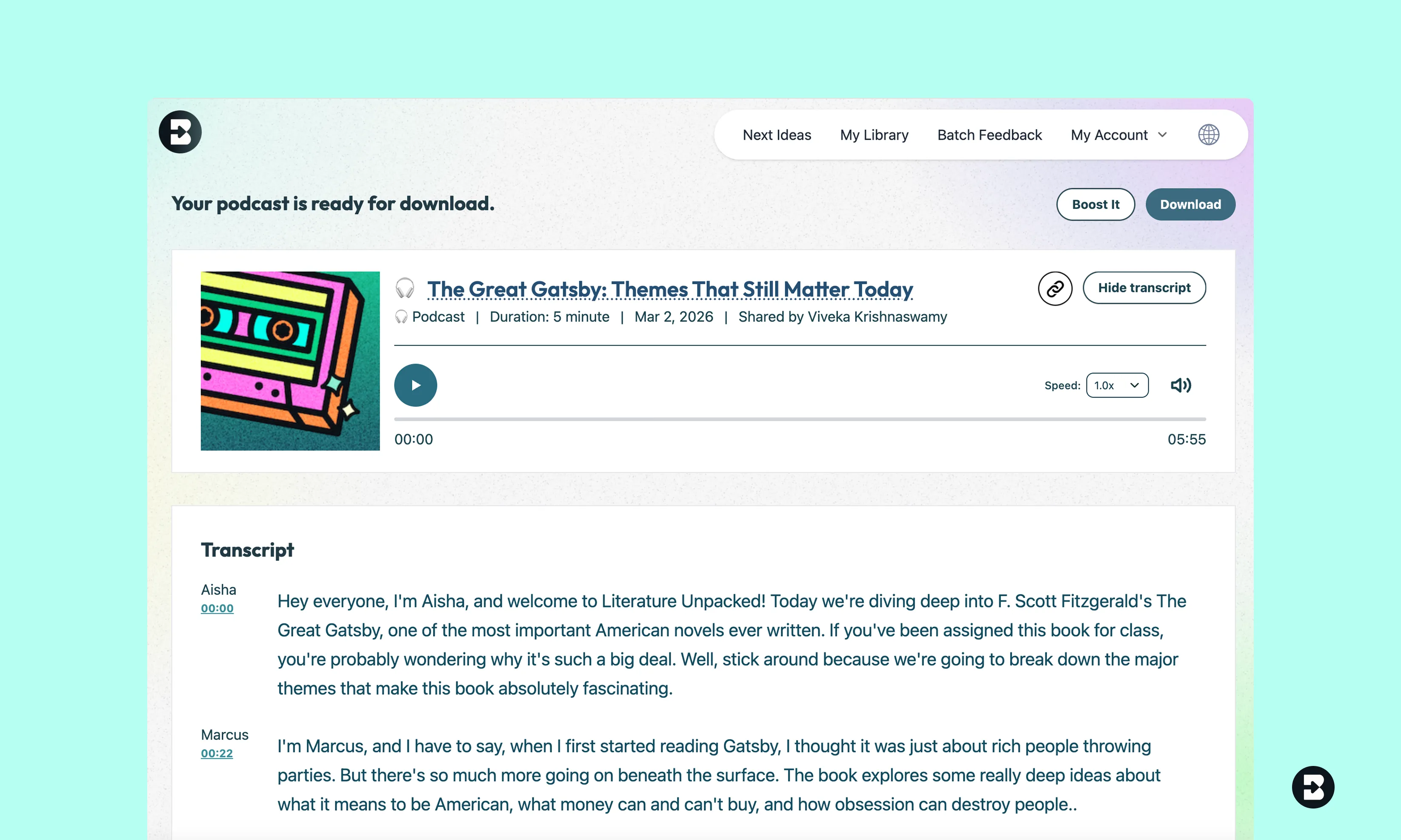 Podcast de literatura de noveno grado sobre temas de El gran Gatsby
