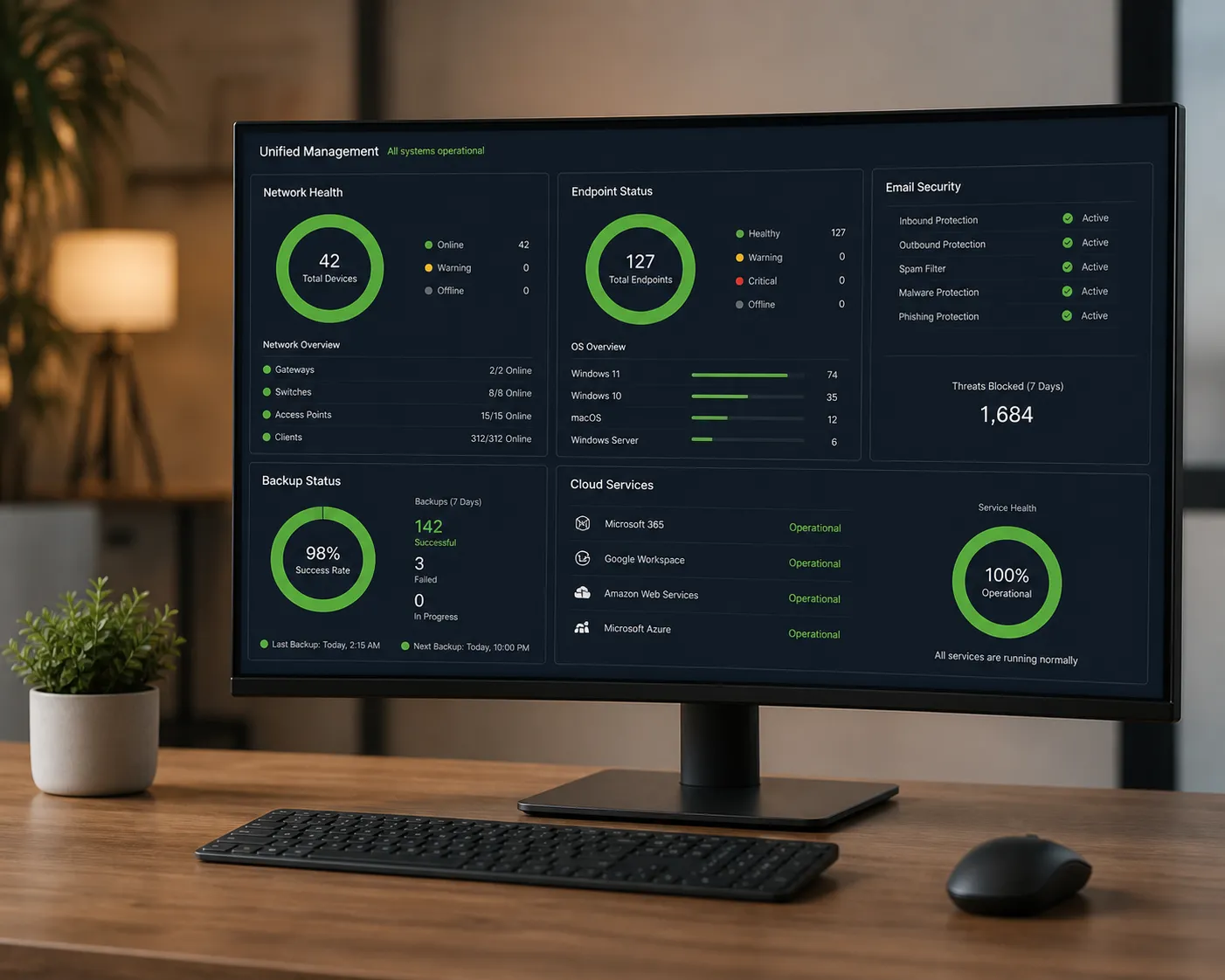 Unified IT monitoring dashboard showing multiple systems managed from a single platform