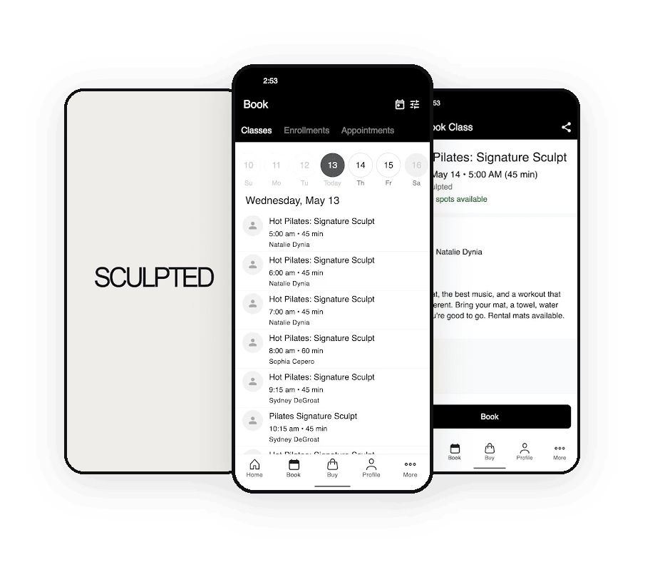 The Sculpted Studio app showing the class schedule and a class booking screen
