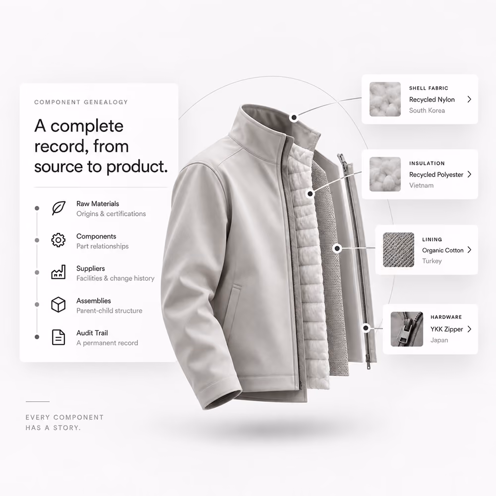 Exploded jacket reveals the origins and suppliers of its recycled nylon shell, recycled polyester insulation, organic cotton lining, and YKK zipper.