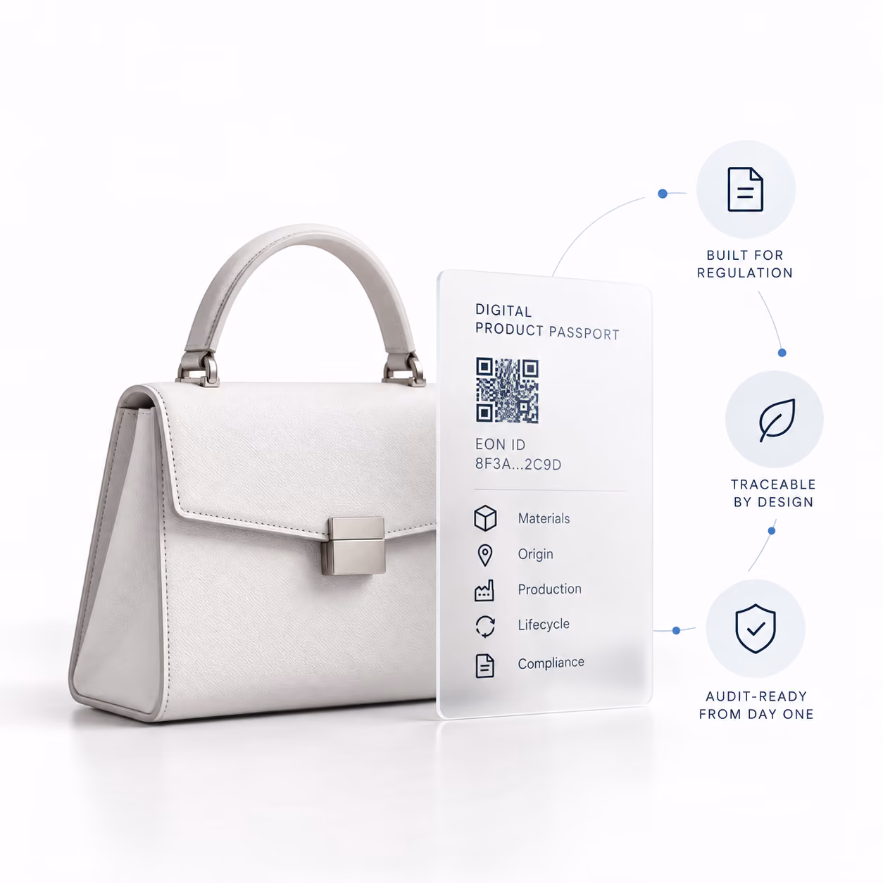 Handbag with a Digital Product Passport designed for regulatory compliance, traceability, and audit readiness from day one.