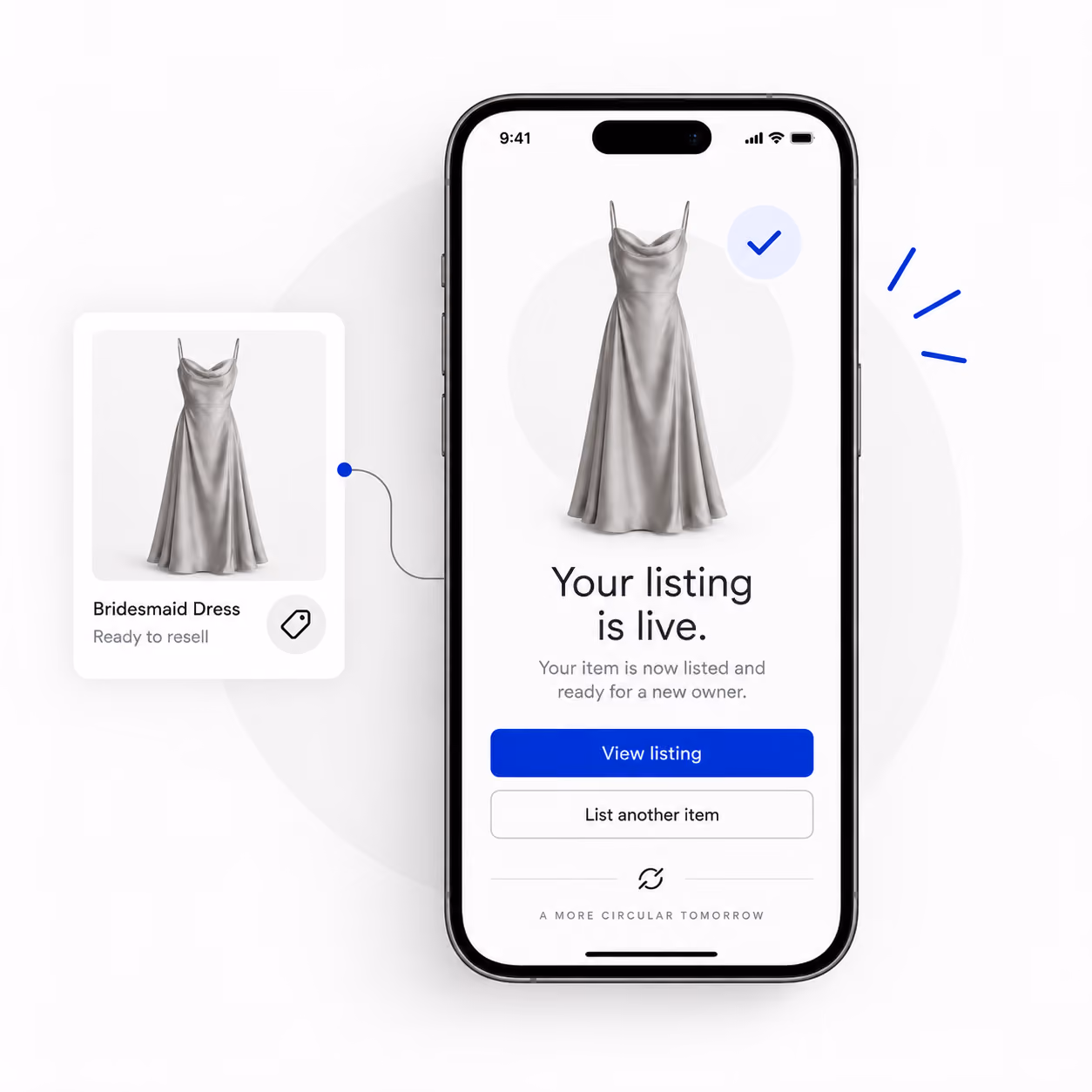 Smartphone confirms that a verified bridesmaid dress resale listing is live and ready for a new owner.