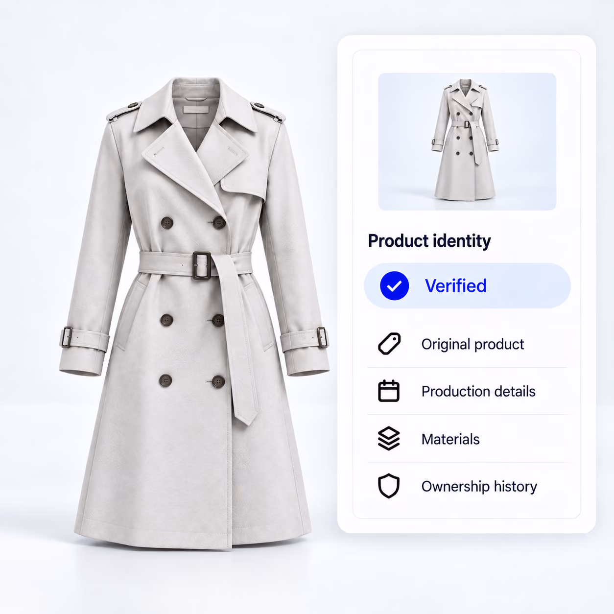 Trench coat paired with a verified digital identity containing original-product, production, materials, and ownership-history information.