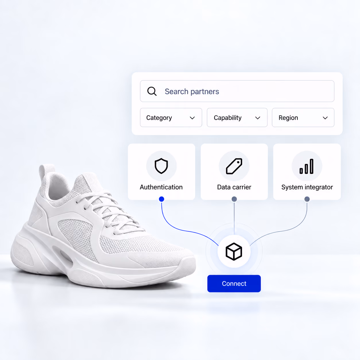 Partner marketplace interface lets brands search and connect authentication, data-carrier, and system-integration services to a sneaker record.