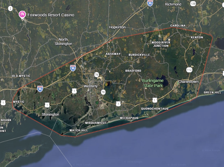 Map highlighting local landscaping service areas including Westerly, Hopkinton, Charlestown, and Stonington.