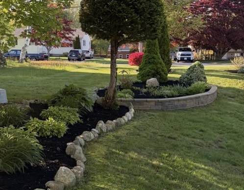 Precision diagonal lawn stripes on a wide backyard mowed by a Westerly landscaping contractor.