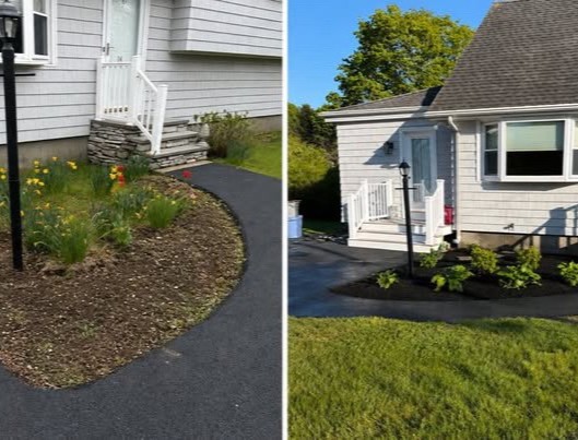 Deep green lawn striping patterns on a large residential estate in coastal Rhode Island.