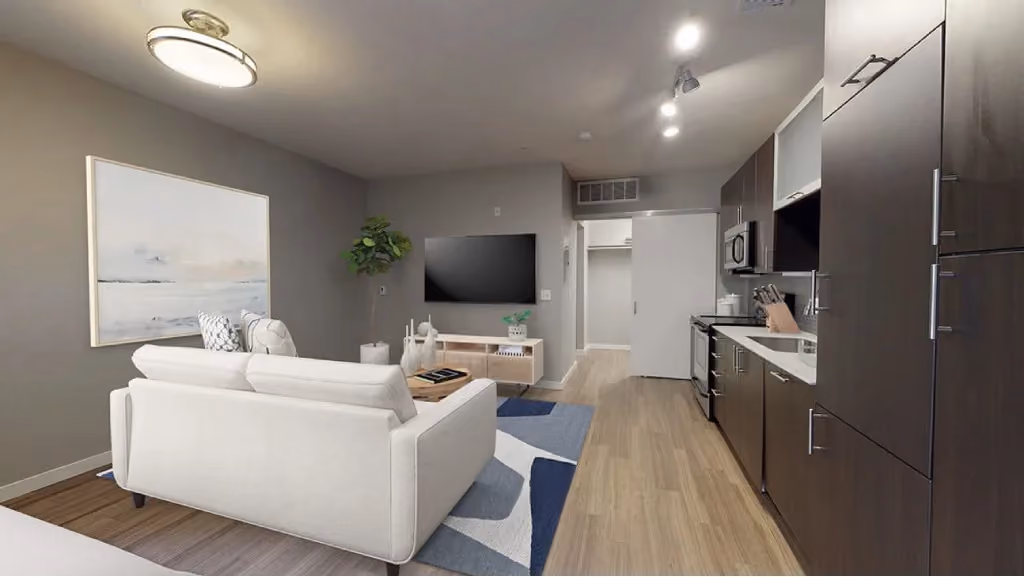 Rendering of living room and kitchen