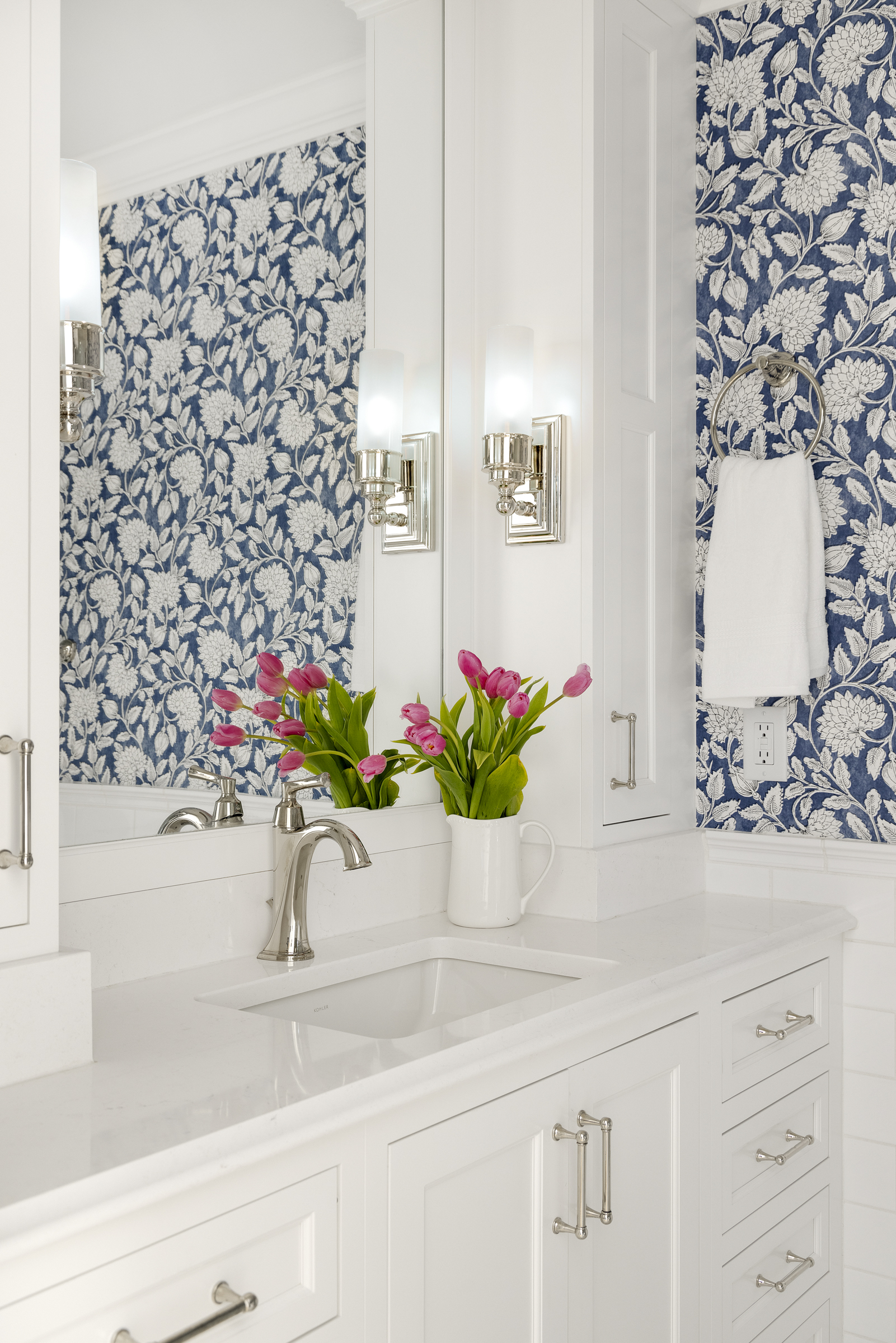 Contemporary bathroom addition with walnut cabinetry