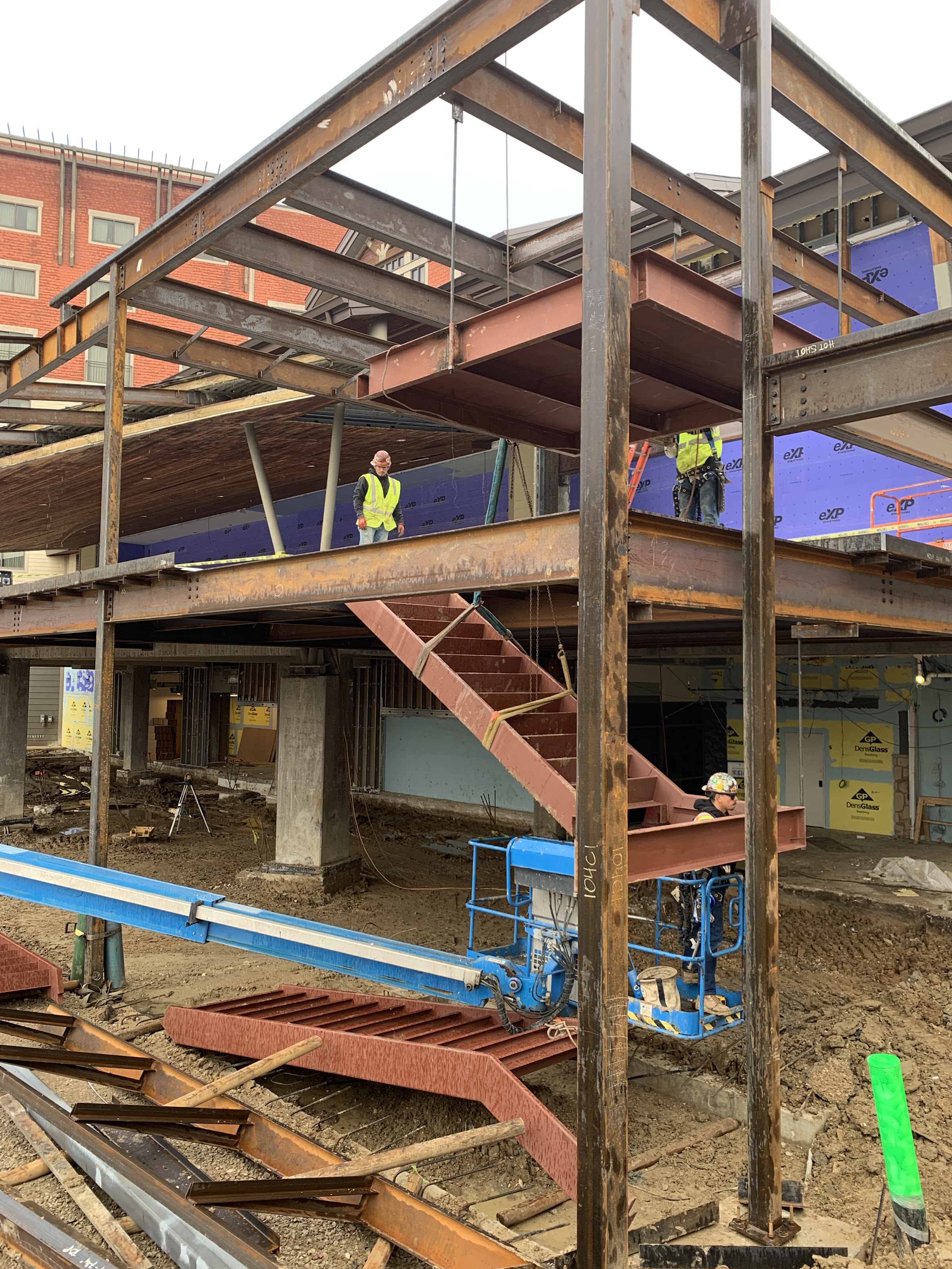 Steel framing for a Great Wolf Lodge addition against the hotel