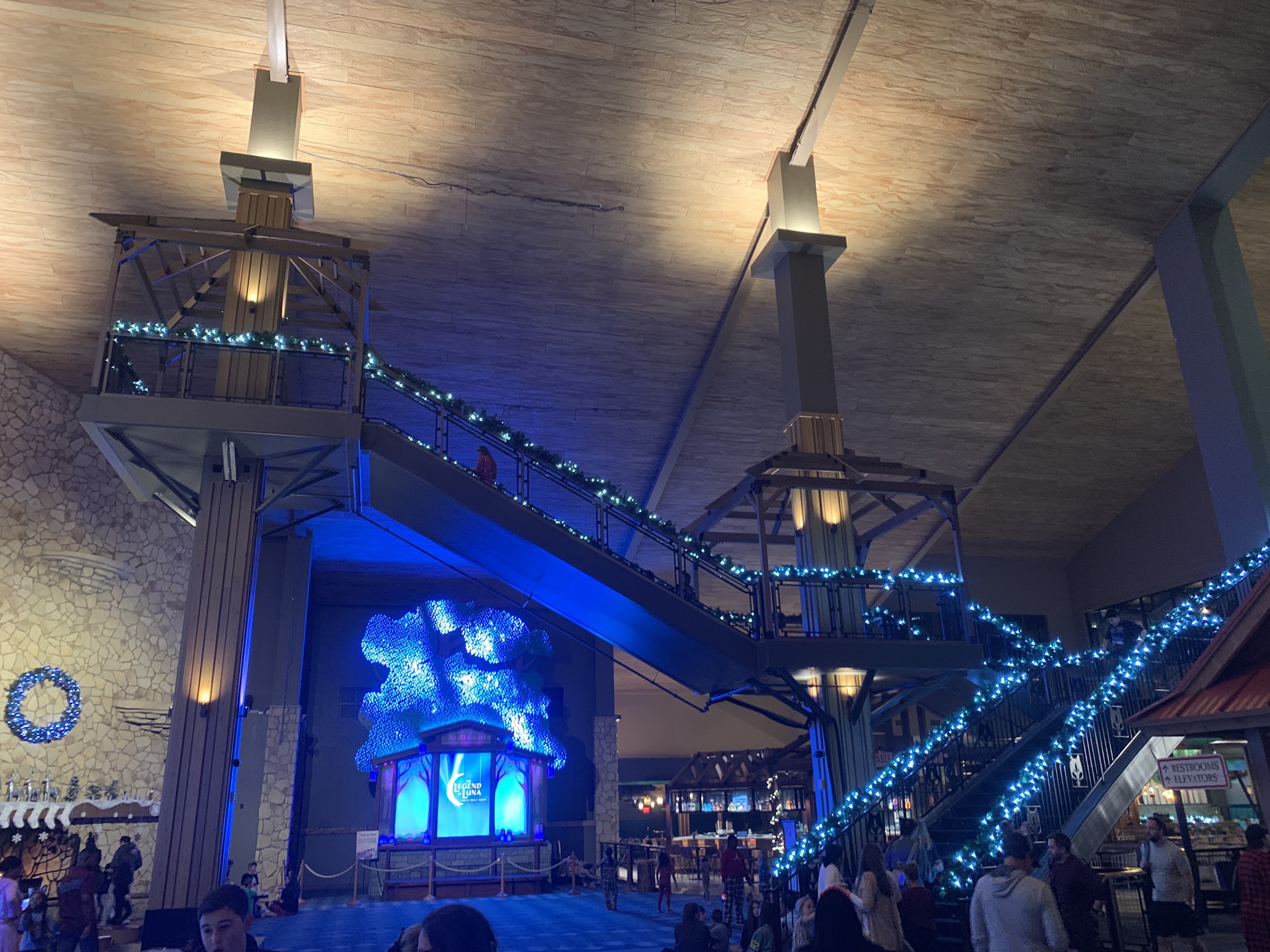Finished lobby treehouse lit up at night