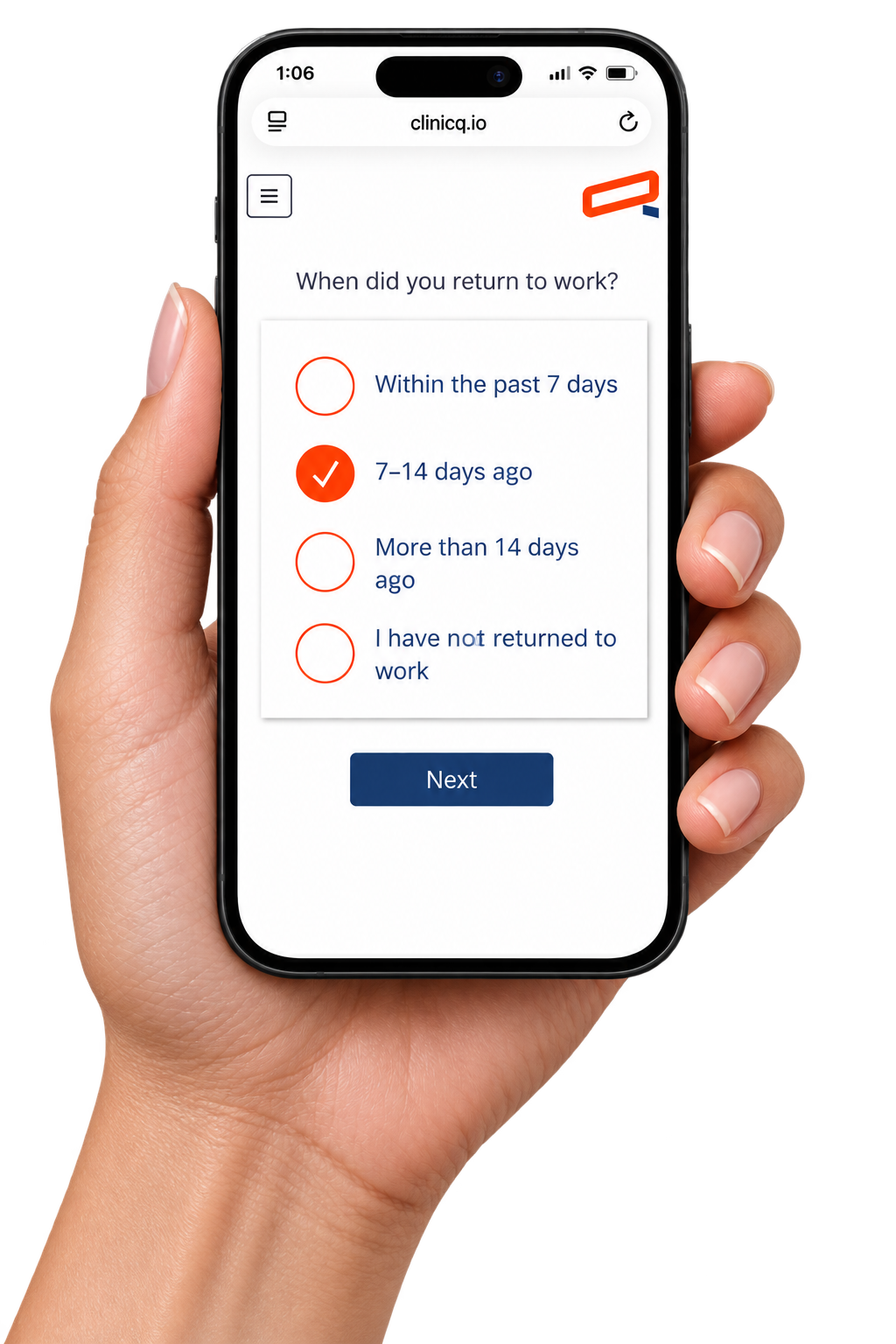 Q Pro Return to Work outcomes survey on iPhone