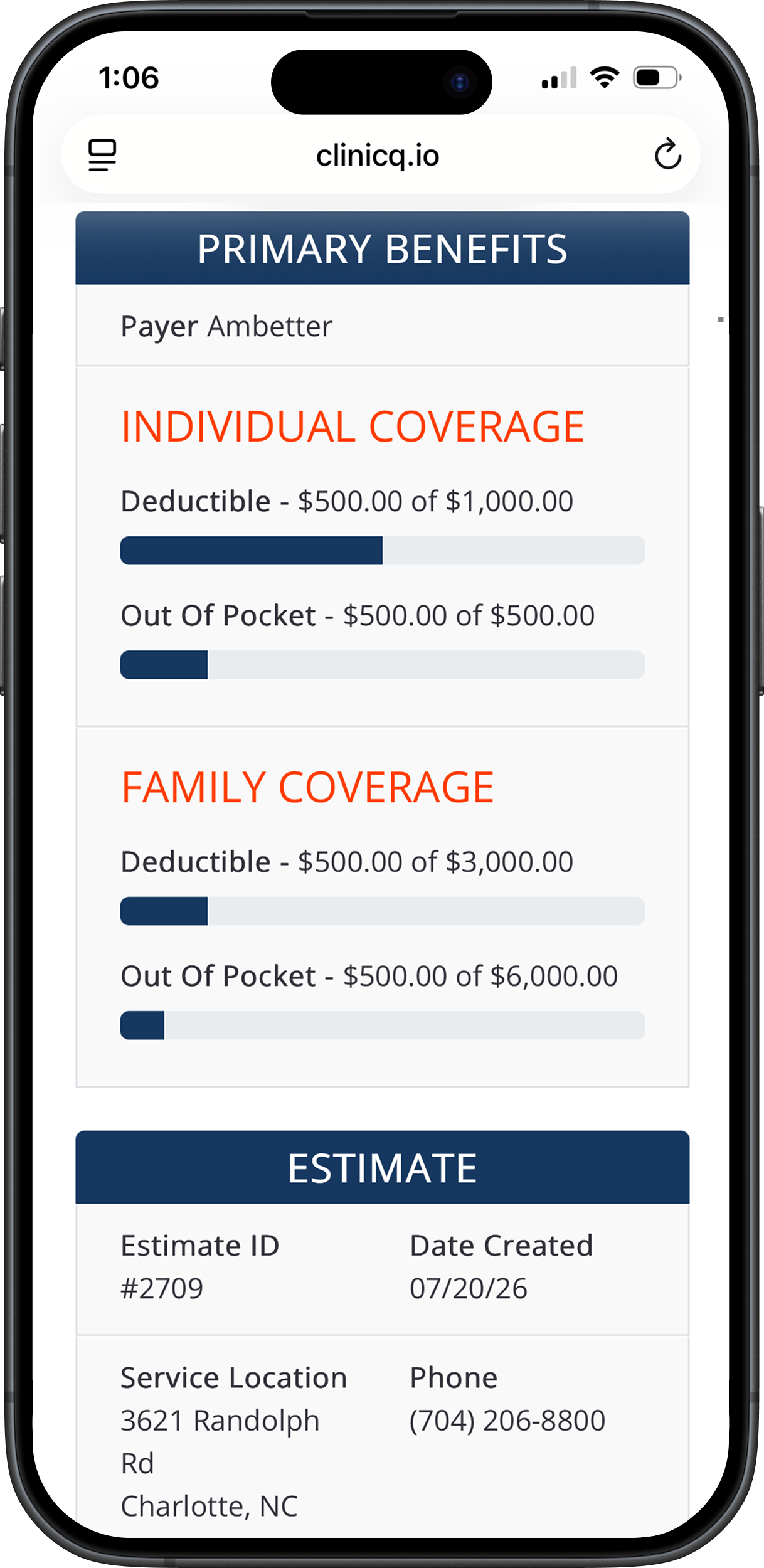 Q Code Patient Cost Estimate on iPhone