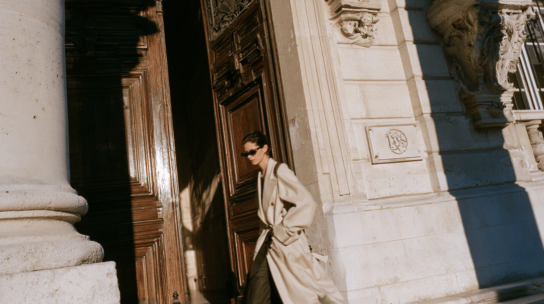 Mujer cruzando una gran puerta de madera, como un visitante entrando a un sitio web