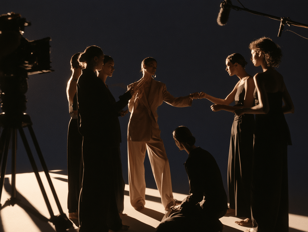 Set de grabación con cámara, micrófono y actrices en escena