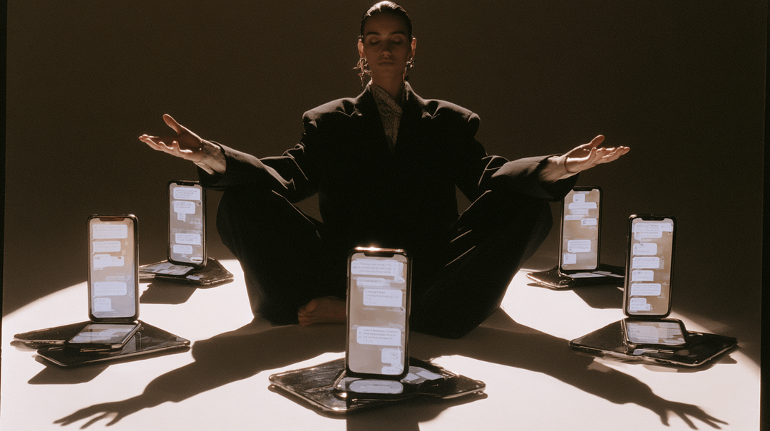 Mujer rodeada de celulares con conversaciones abiertas, como un sistema que responde cada consulta