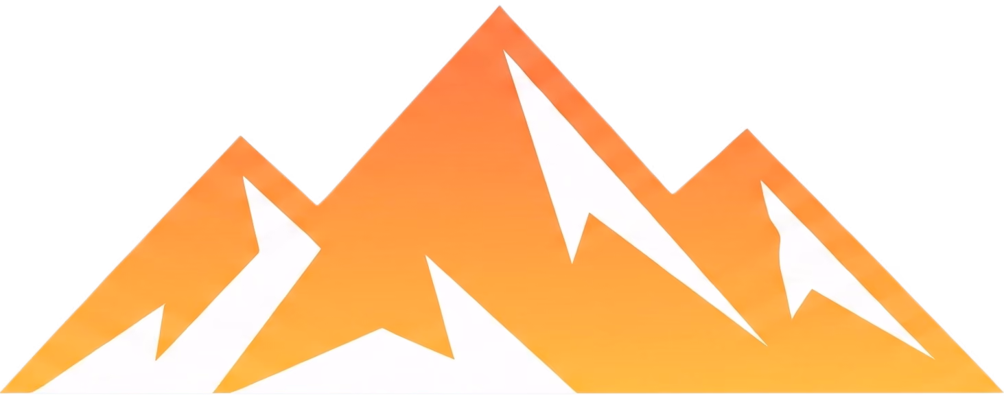 Stylized mountain range icon with orange gradient and white snow-capped peaks.