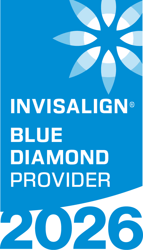 Invisalign Blue Diamond Provider badge with a blue background and white text, year 2026 below.
