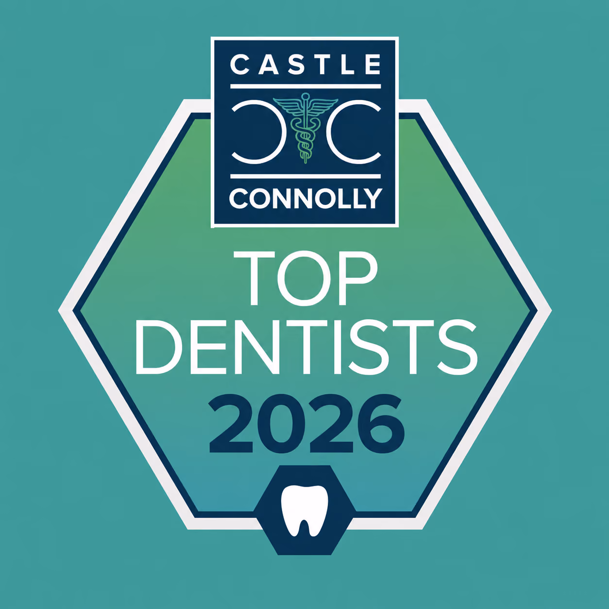 Castle Connolly Top Dentists 2026 badge with tooth icon on green hexagonal background.