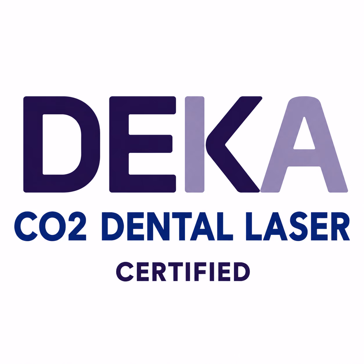 DEKA CO2 Dental Laser Certified logo in dark and light blue text on white background.