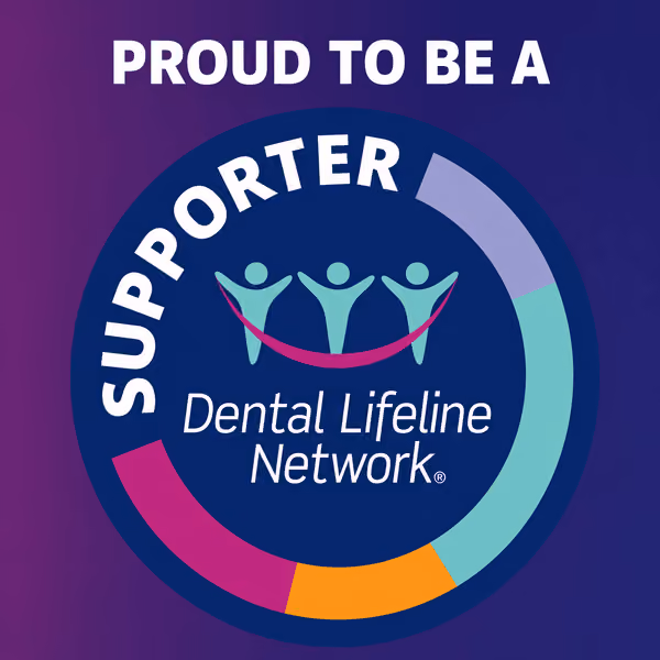 Badge with text Proud to be a supporter and Dental Lifeline Network logo with three figures holding a smile.