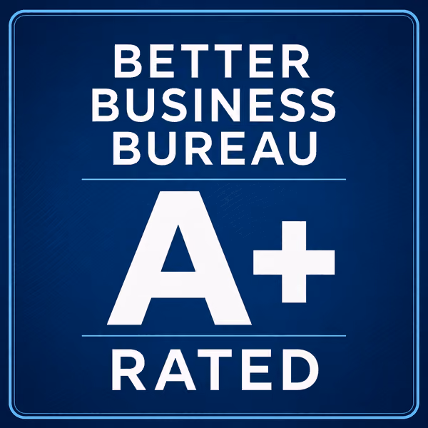 Better Business Bureau A+ rated badge on a blue background.