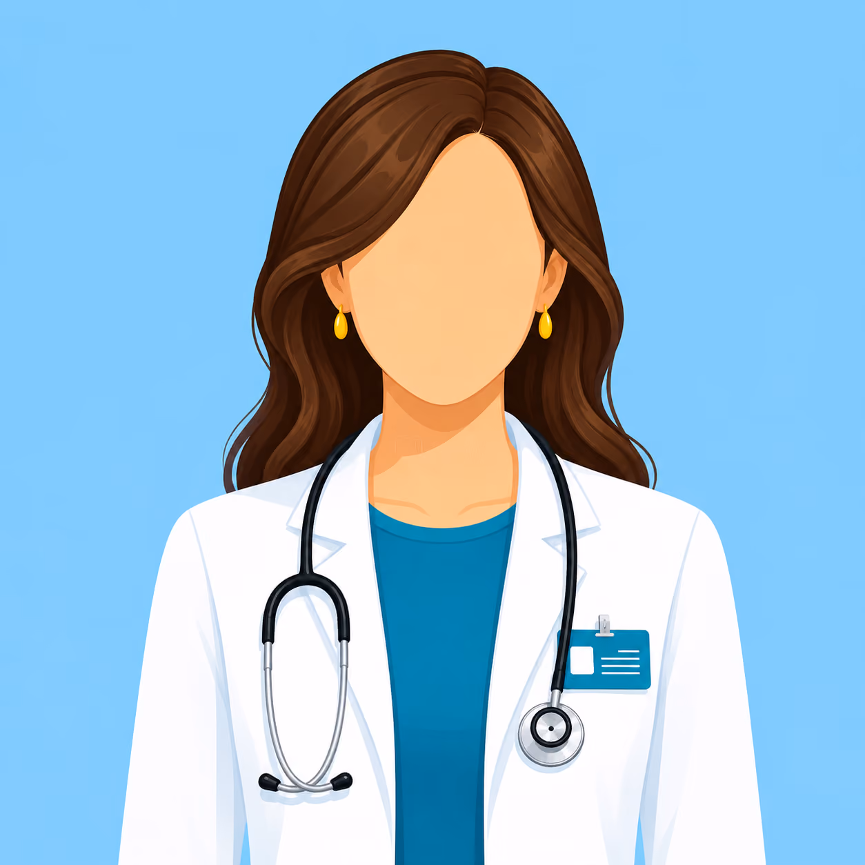 Illustration of a female doctor with brown hair, white coat, blue top, and stethoscope.