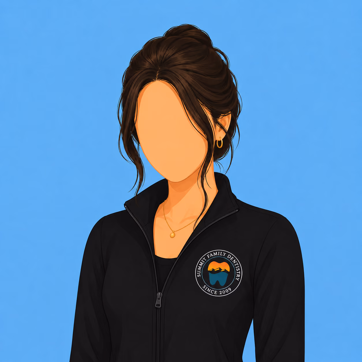 Faceless woman with dark hair in a black zip-up jacket crossing arms on blue background.