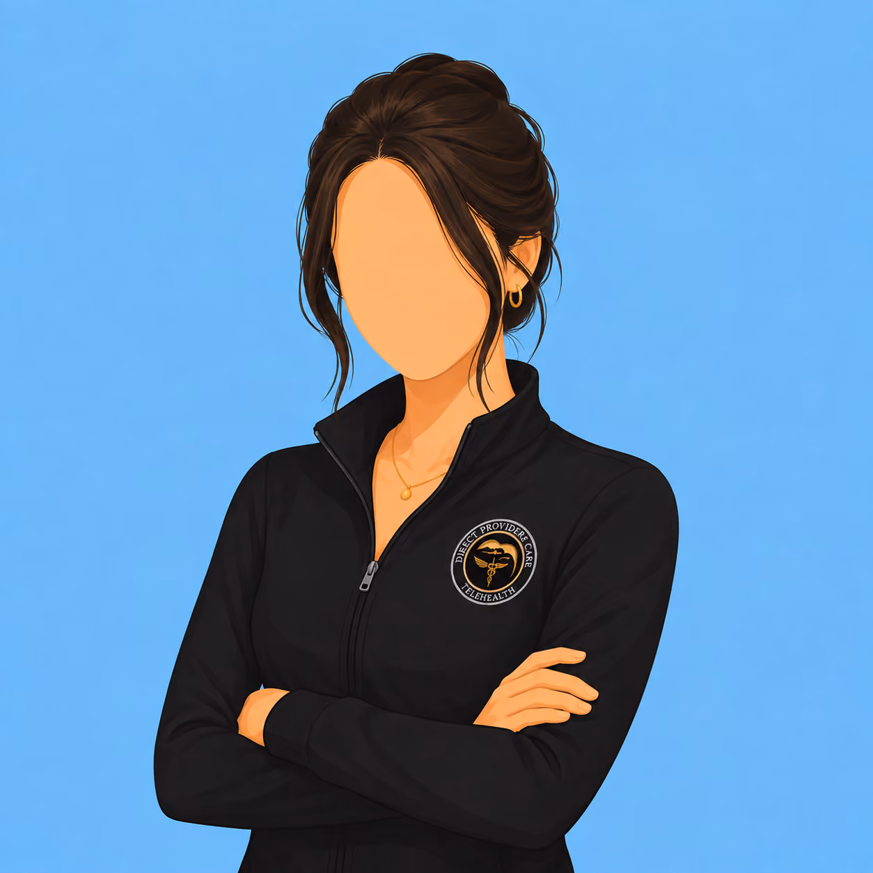 Faceless woman with dark hair in a black zip-up jacket crossing arms on blue background.