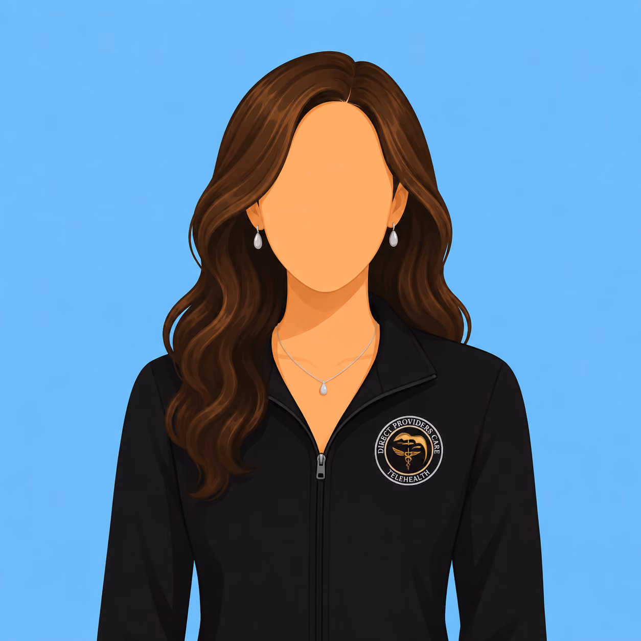 Faceless woman with long brown hair wearing black jacket with Direct Providers Care Telehealth emblem.