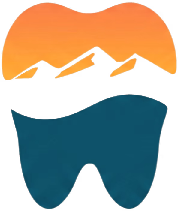 Stylized logo combining orange gradient mountain peaks above a blue tooth shape.
