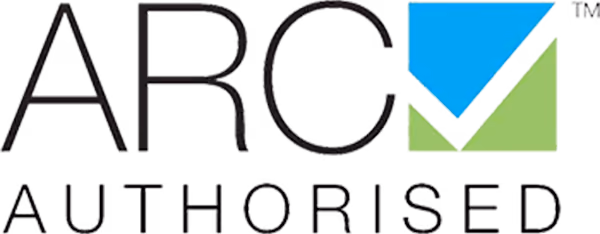 ARC Authorised logo with stylized letters and a blue and green triangle design.