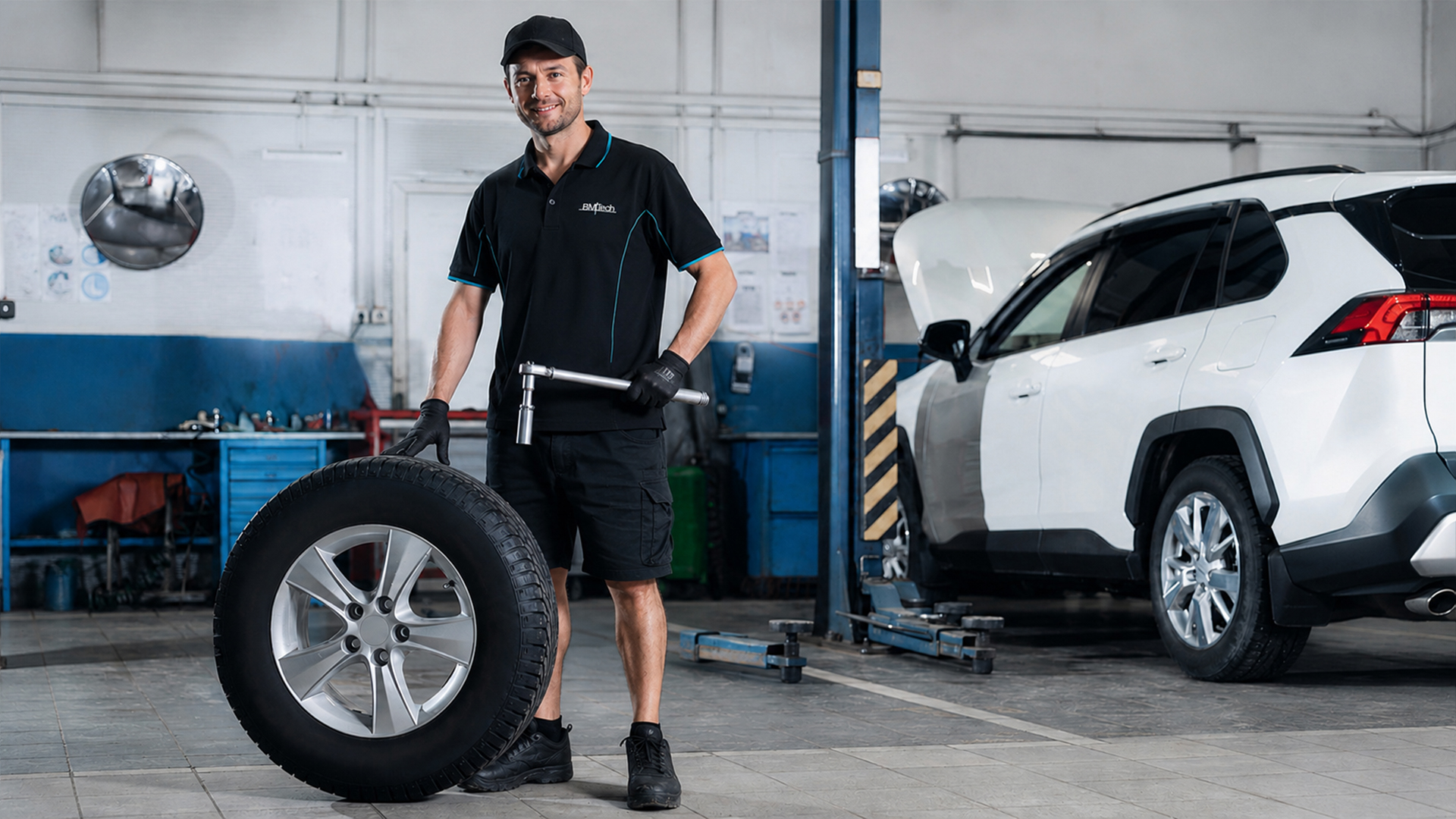 Tyre rotation being carried out on a car