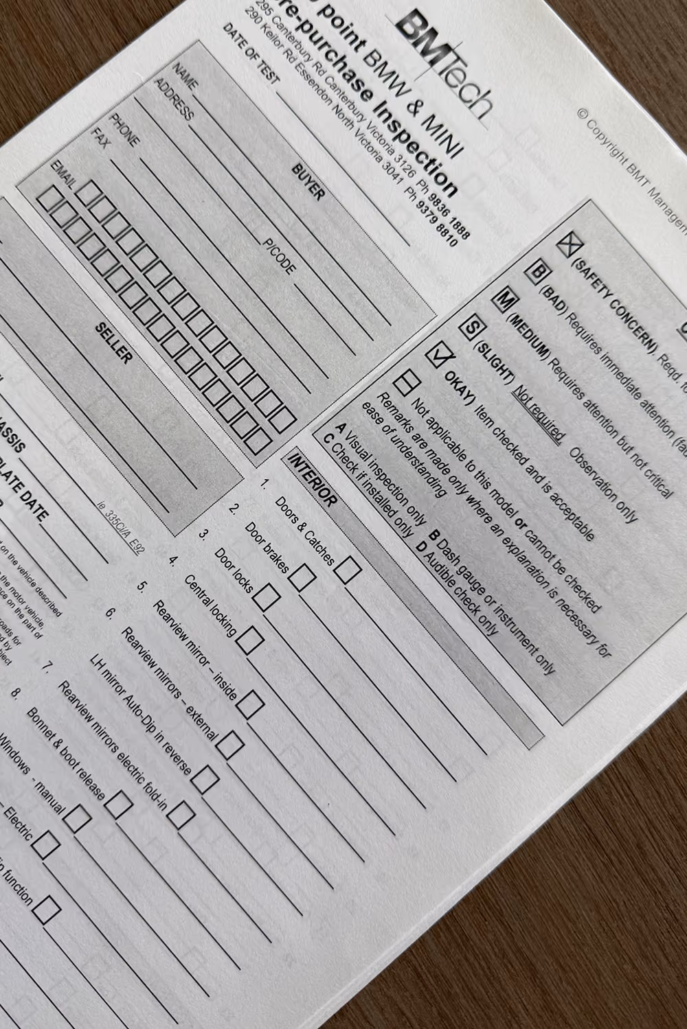 BM Tech pre-purchase inspection form for BMW and MINI vehicles