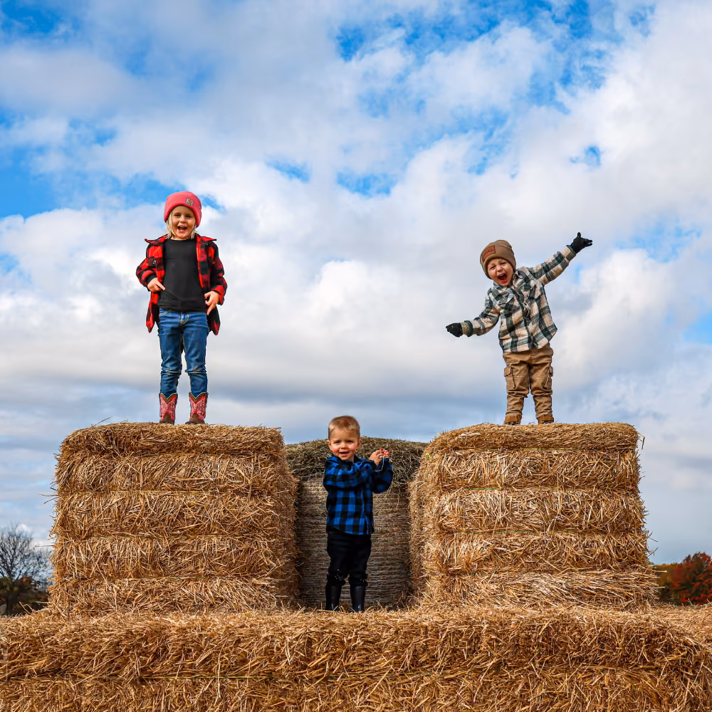 Three children in autumn clothes play on stacked hay bales under a partly cloudy sky.