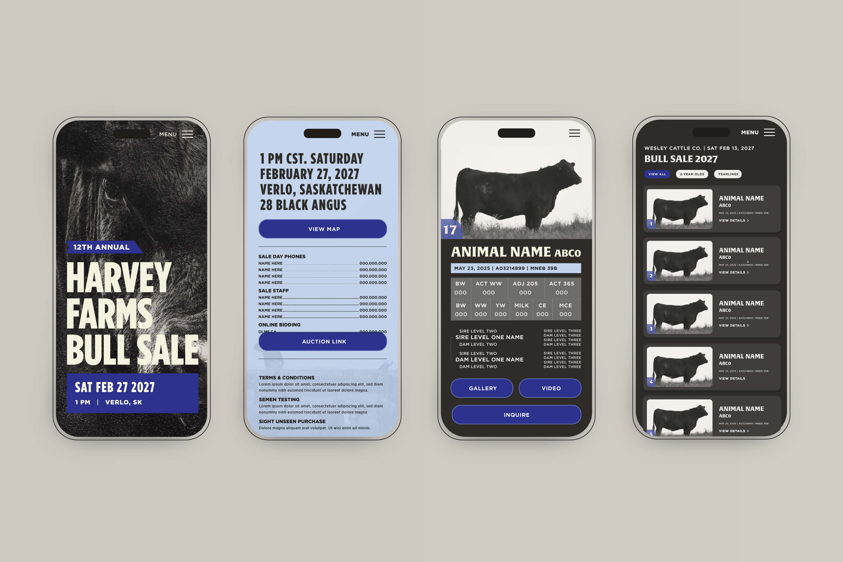 Four smartphone screens showcasing a mobile app for Harvey Farms Bull Sale. The first screen displays event details: 12th Annual Harvey Farms Bull Sale, Sat Feb 27, 2027, 1 PM, Verlo, SK with a black cattle close-up background. The second screen shows sale details including date, location, sale day phones, sale staff, online bidding info, and terms and conditions on a light blue background. The third screen features a black bull profile with identification details, weights, and sire/dam levels, plus gallery, video, and inquire buttons. The fourth screen lists multiple black bulls with their names, IDs, and view details options on a dark background for a Bull Sale event dated Sat Feb 13, 2027.