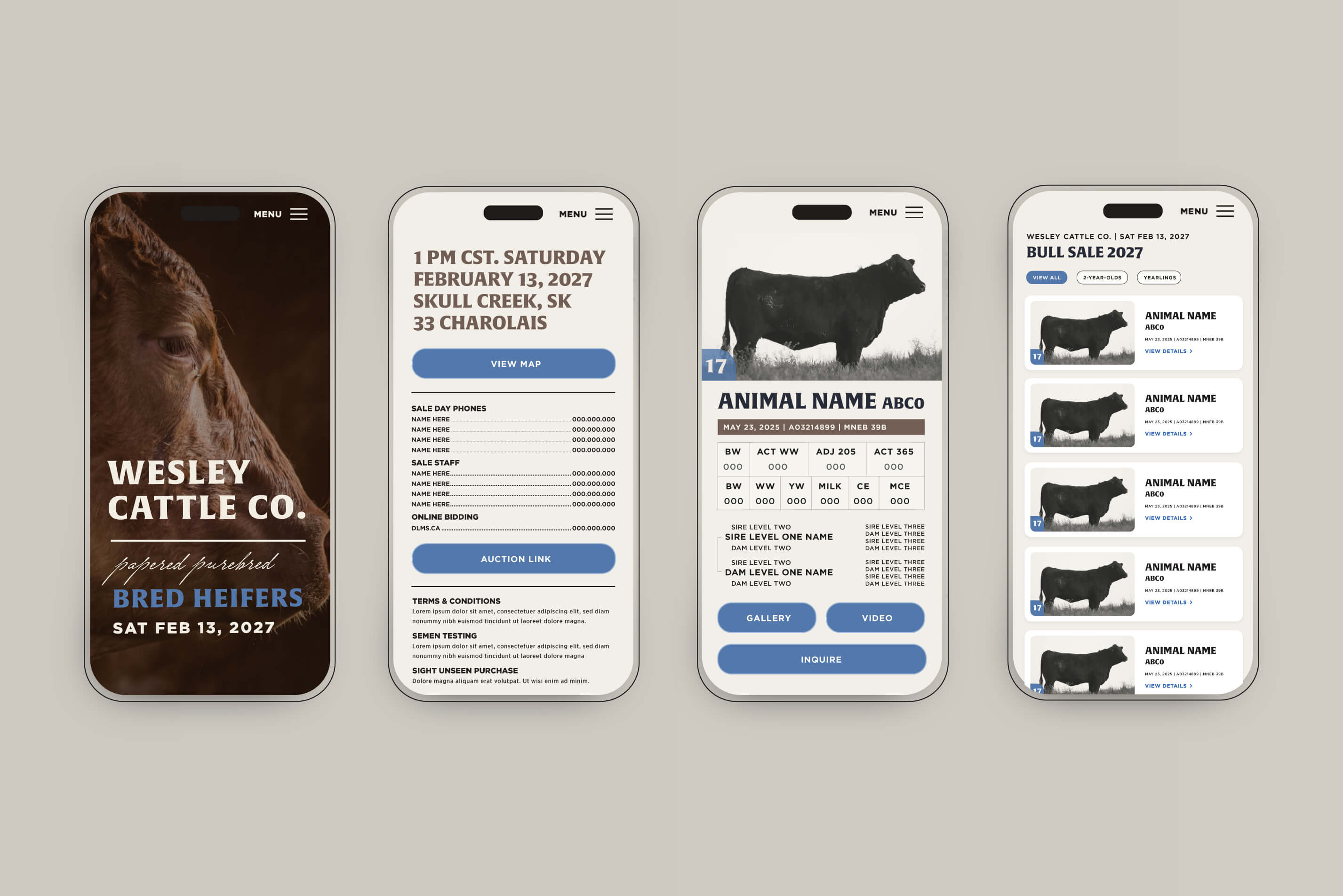 Four mobile phone screens showing Wesley Cattle Co. app interface: a close-up of a brown cow with event details for bred heifers sale on February 13, 2027; sale info and contact numbers with buttons for map and auction link; detailed profile of a black cow with birth and genetic data plus gallery and inquire buttons; and a list of black bulls for sale with view details links.