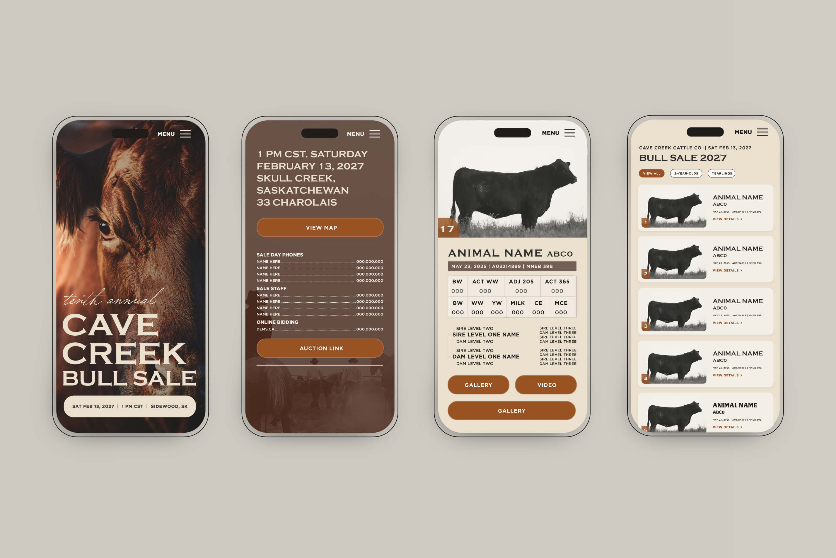 Four smartphones showing a mobile app design for Cave Creek Bull Sale, featuring a close-up of a bull, event details for February 13, 2027 in Saskatchewan, individual bull profile with stats and sire/dam levels, and a list of bulls with photos and names.