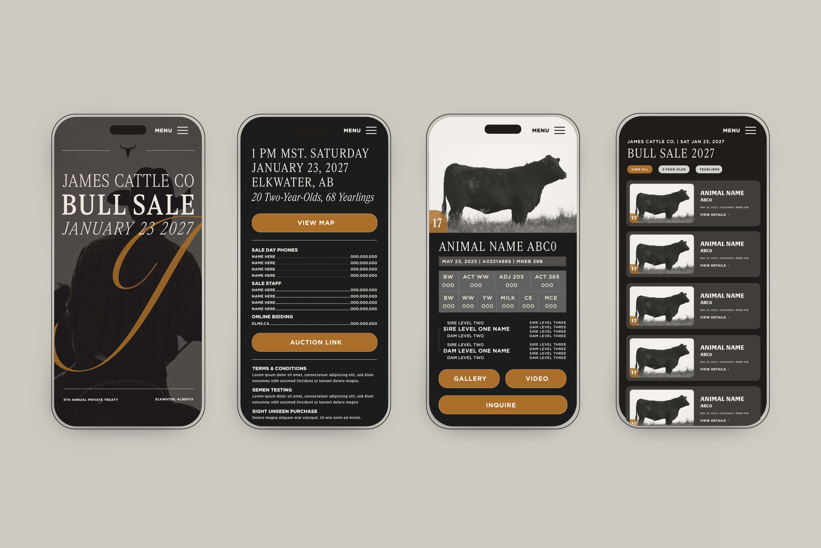Four smartphone screens showing a mobile app design for James Cattle Co Bull Sale on January 23, 2027. The first screen has event title and date over a silhouette of a bull. The second screen displays sale details including date, location Elkwater, AB, phone contacts, sale staff, online bidding link, and buttons for 'View Map' and 'Auction Link.' The third screen shows a profile for a bull named 'Animal Name Abco' with a photograph, birth date, ID, performance stats, pedigree info, and buttons for gallery, video, and inquiry. The fourth screen lists multiple bull profiles with photos, names, dates, IDs, and 'View Details' links, with filters for 'View All,' '2-Year-Olds,' and 'Yearlings.' The interface uses black, white, and brown tones.