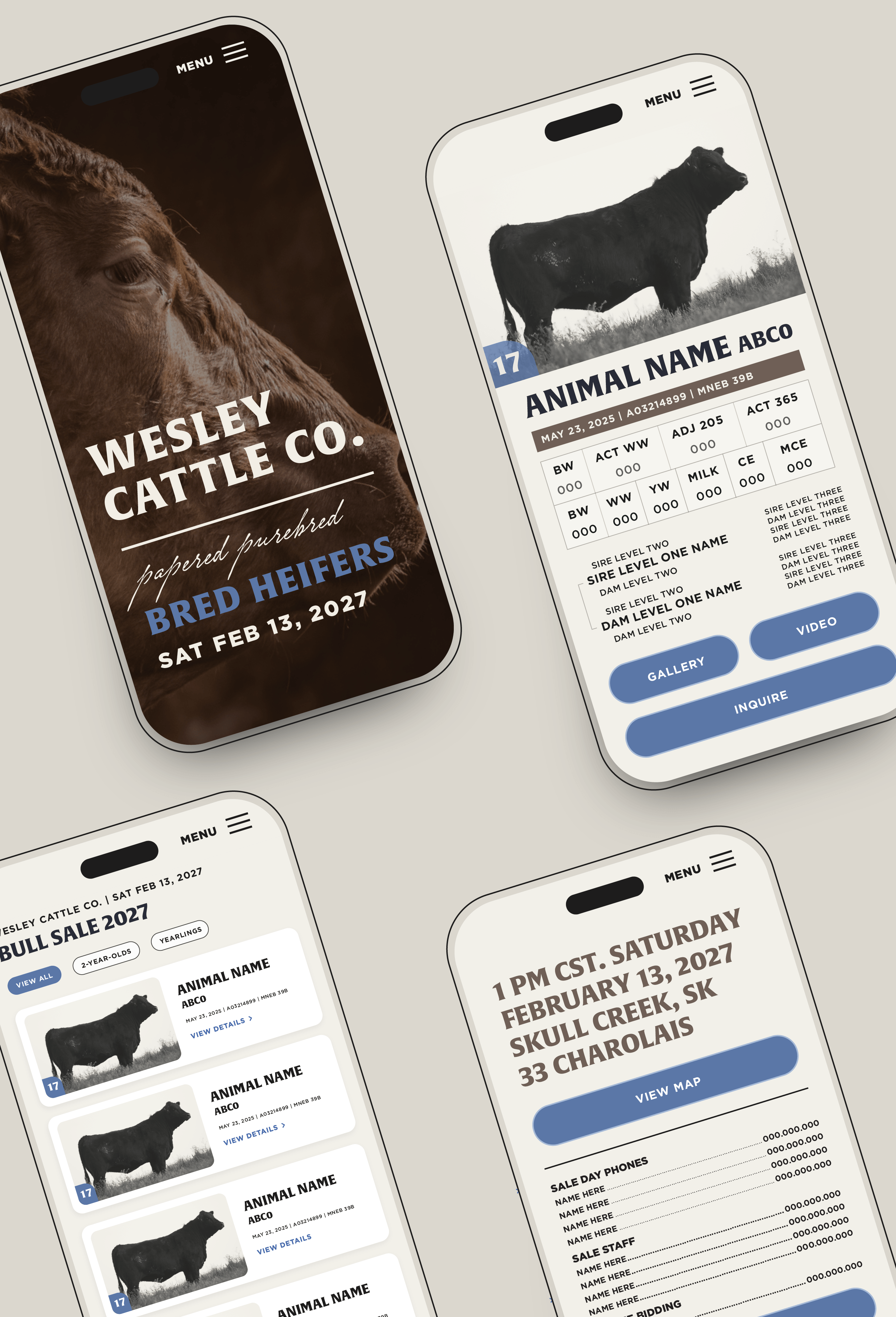 Four smartphone screens showing a cattle auction mobile app interface: top left screen has a close-up photo of a brown cow with text Wesley Cattle Co. papered purebred bred heifers Sat Feb 13, 2027; top right screen displays a black cow photo, animal info with tags and stats, and buttons labeled Gallery, Video, and Inquire; bottom left screen shows a list of black cows with thumbnails and details under Bull Sale 2027; bottom right screen gives auction date, time, location, a View Map button, and contact info placeholders.