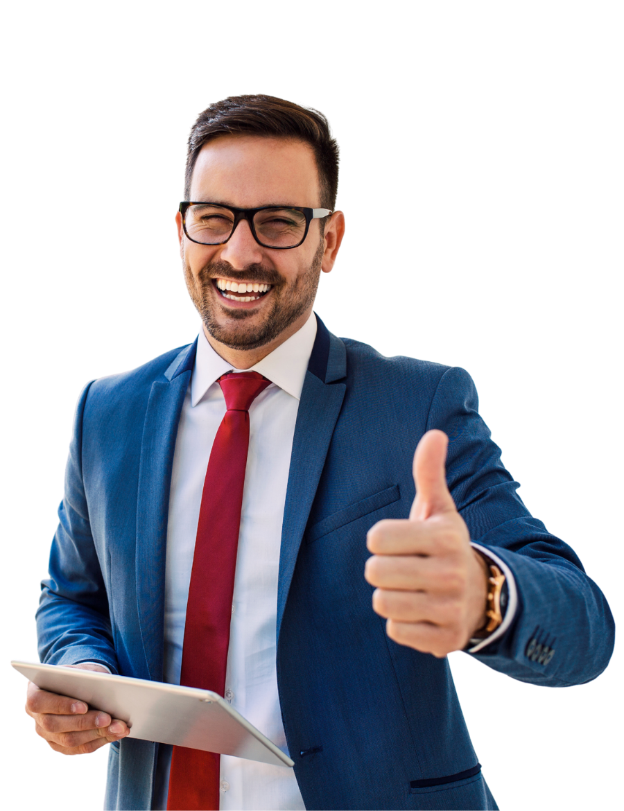 Homme en costume tenant une tablette, pouce levé